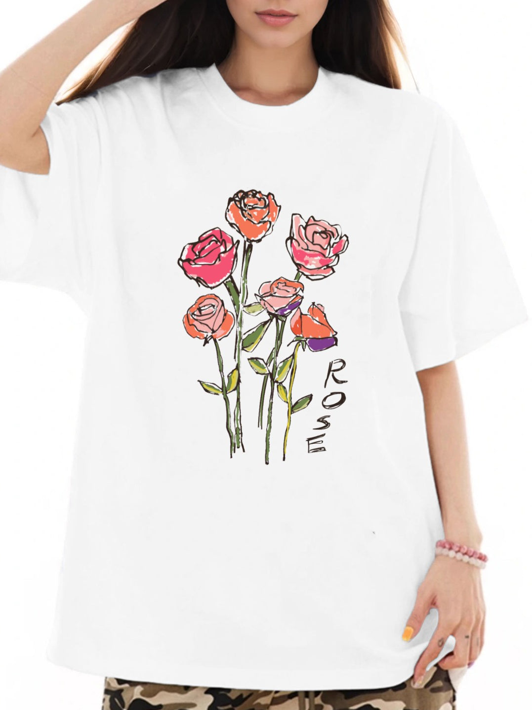 Women Rose Print Casual Regular T-Shirt