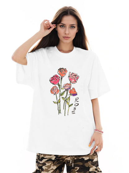 Women Rose Print Casual Regular T-Shirt