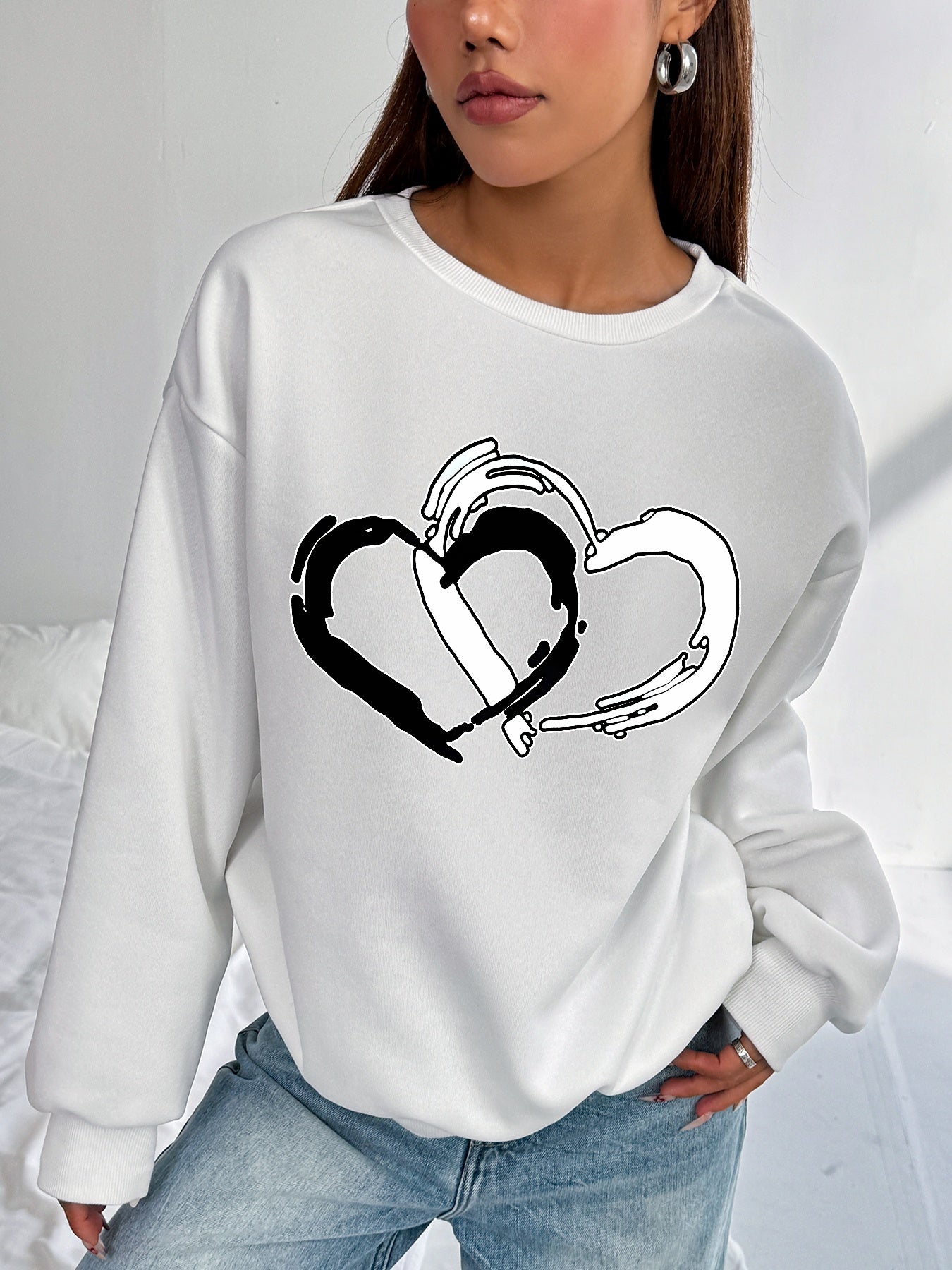 Women Heart Printed Long Sleeve Casual Pullover