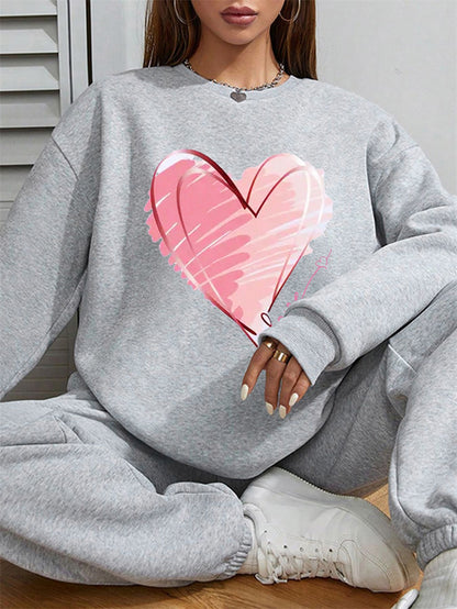 Women Pink Heart Printed Casual Sweatshirt