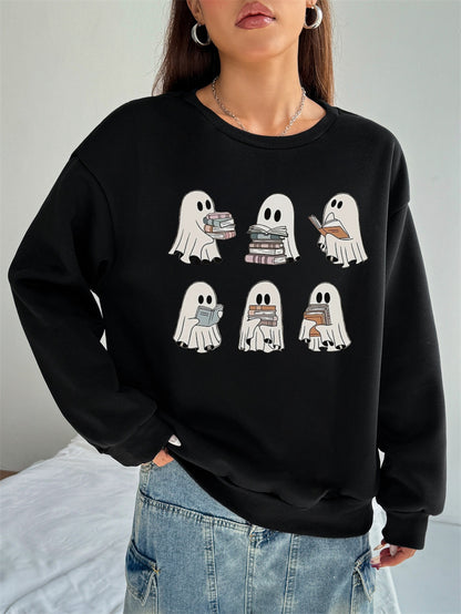 Women Cute Ghost Reading Print Casual Sweatshirt