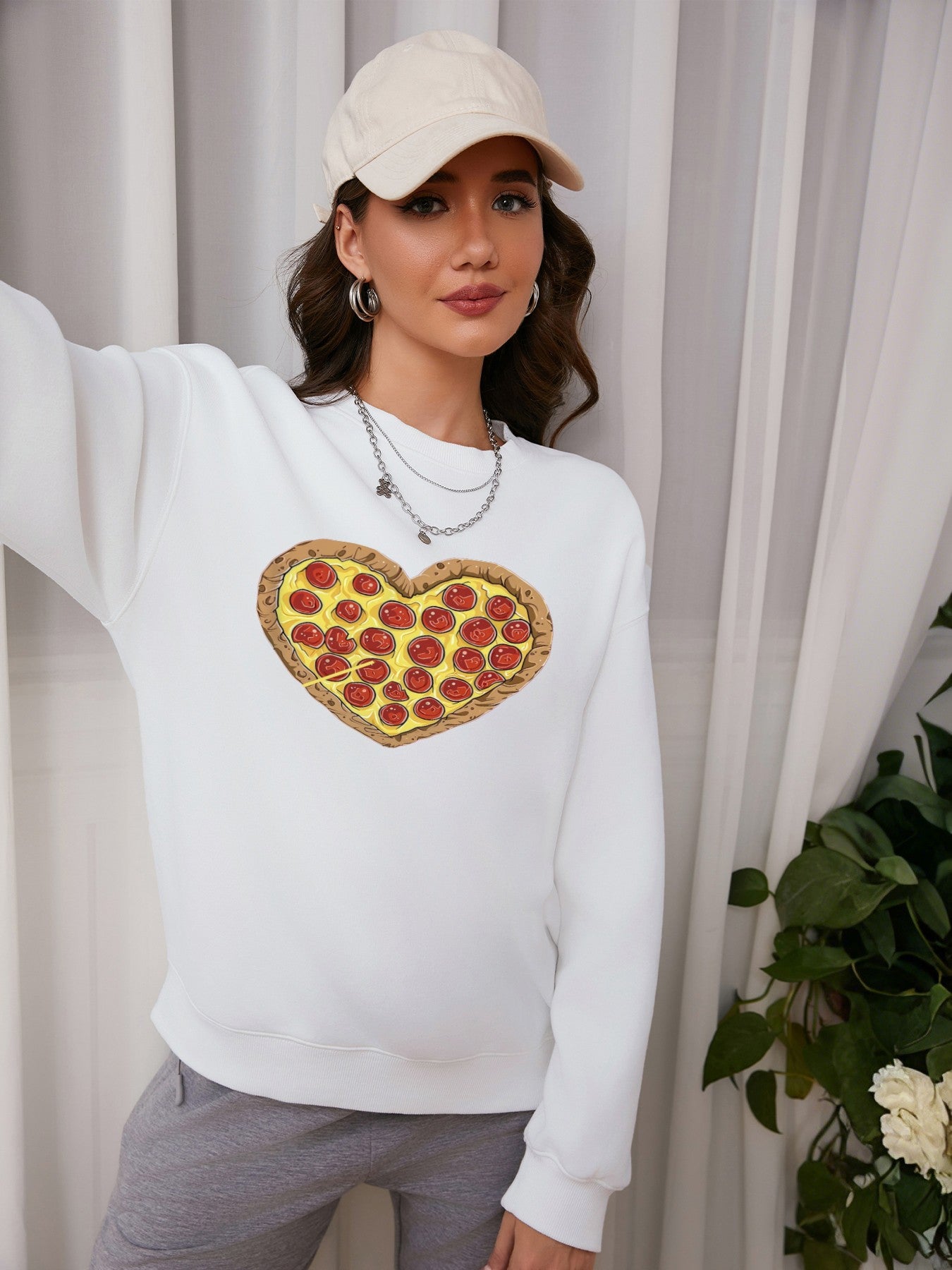 Women Pizza Lover Pizza Heart Print Casual Sweatshirt