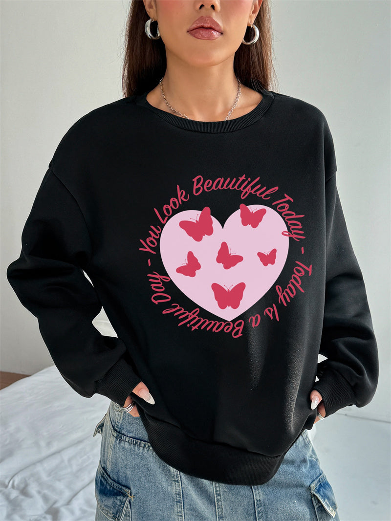 Women Heart Butterfly Print Casual Sweatshirt