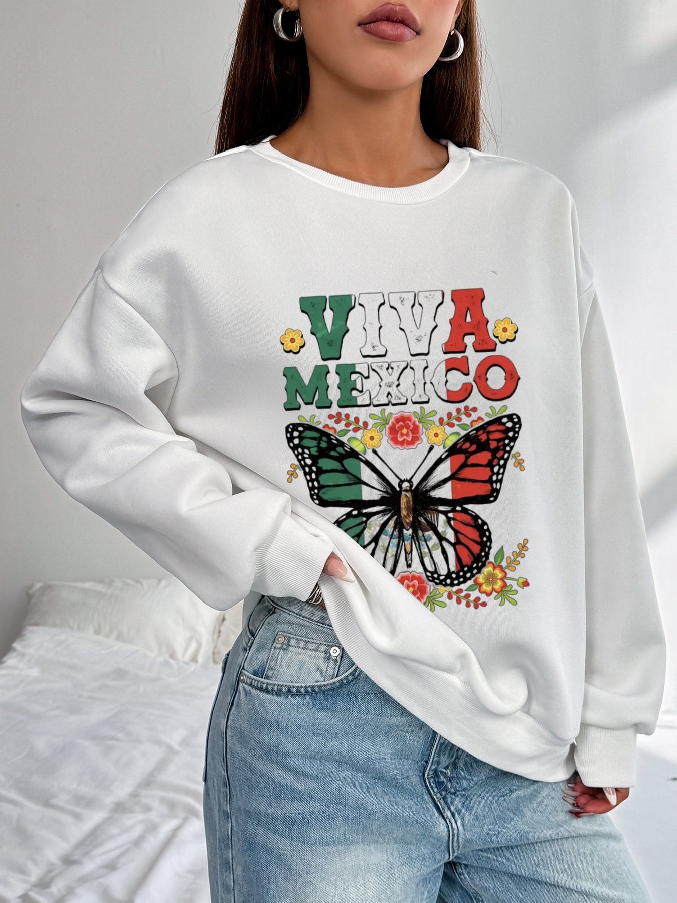 Women Viva Mexico Floral and Butterfly Print Casual Sweatshirt