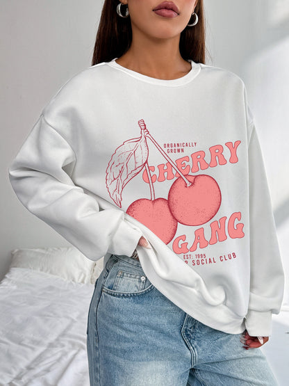 Women Round Cherry Print Casual Sweatshirt