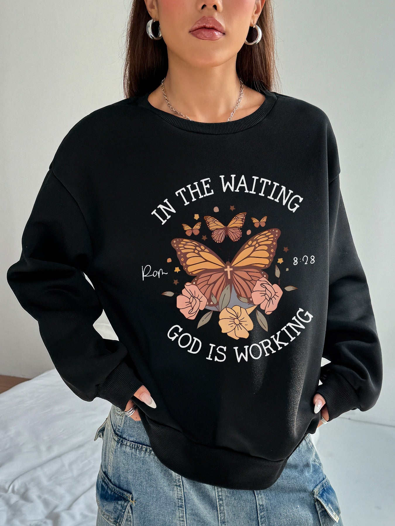 Women Flowers and Butterfly Print Casual Sweatshirt Crew Neck Pullover