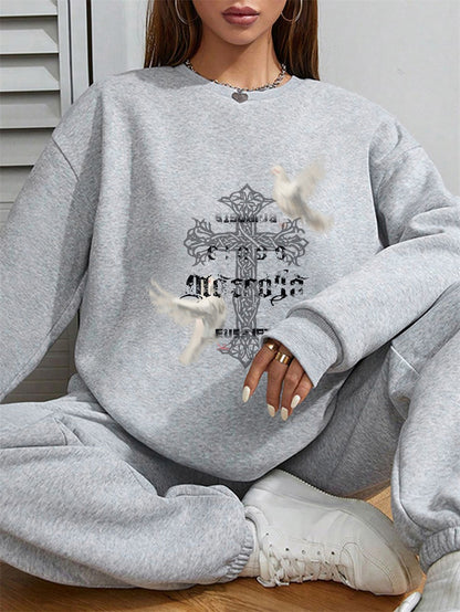 Women White Dove Cross Printed Crew Neck Pullover