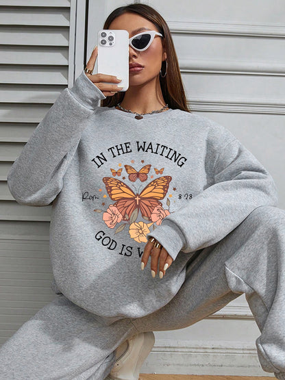 Women Flowers and Butterfly Print Casual Sweatshirt Crew Neck Pullover