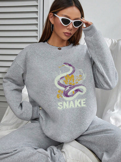 Women Snake Printed Long Sleeve Pullover Crew Neck Pullover