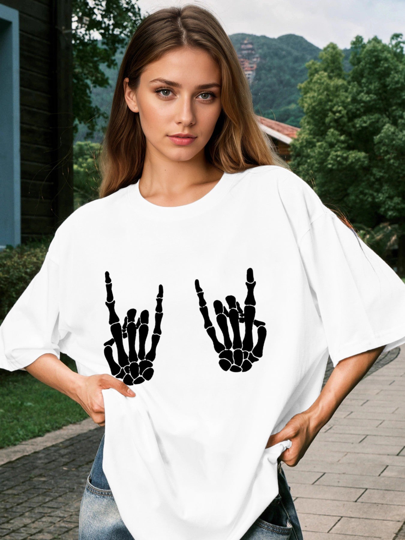 Women Skull Hand Printed Casual Short Sleeve T-Shirt