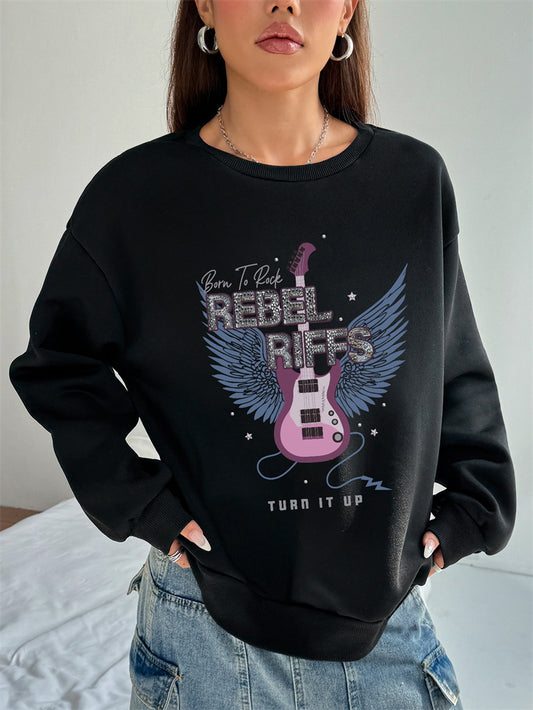 Women Born To Rock Guitar Print Casual Sweatshirt