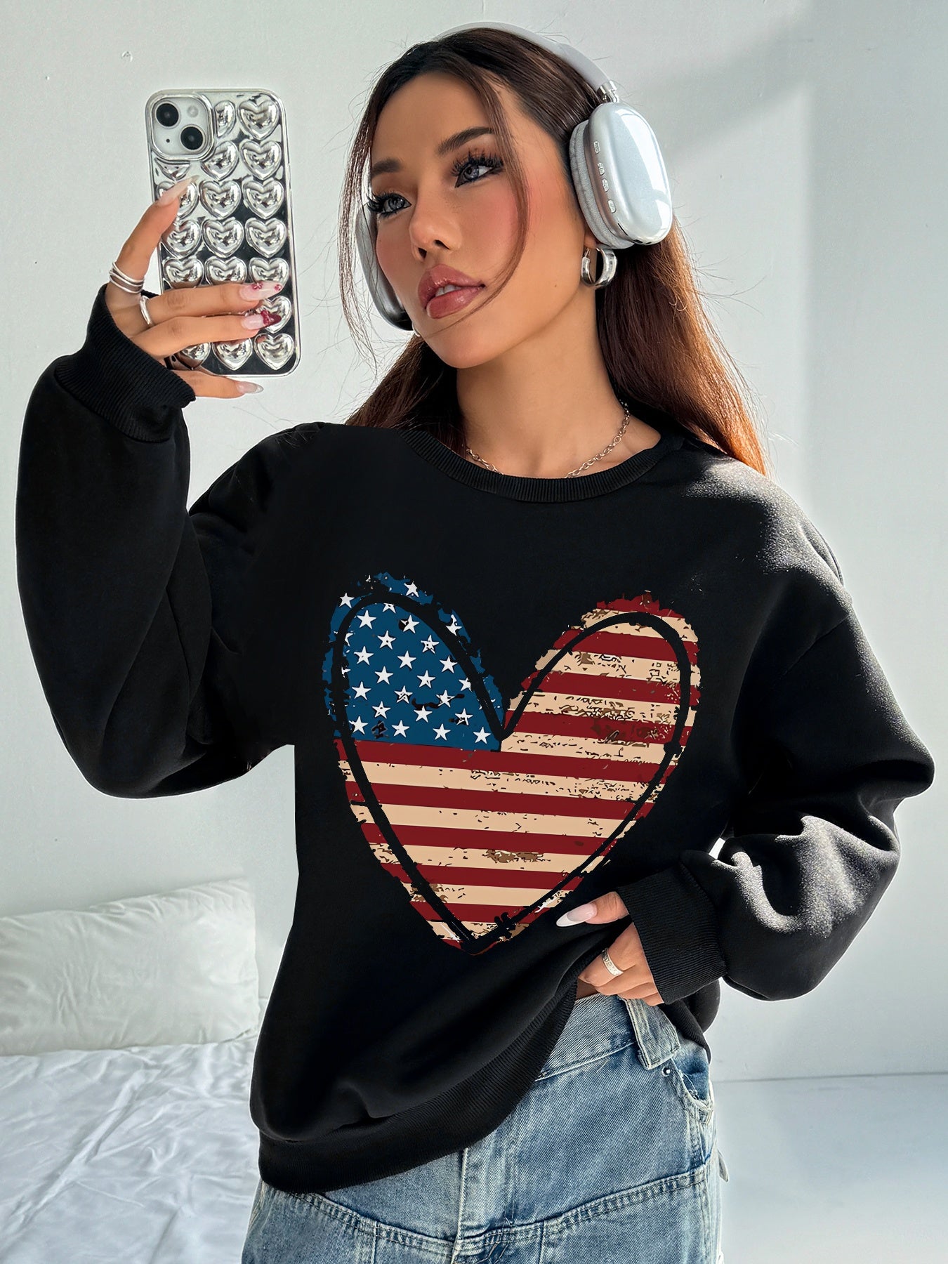 Women USA Flag Heart Printed Casual Sweatshirt