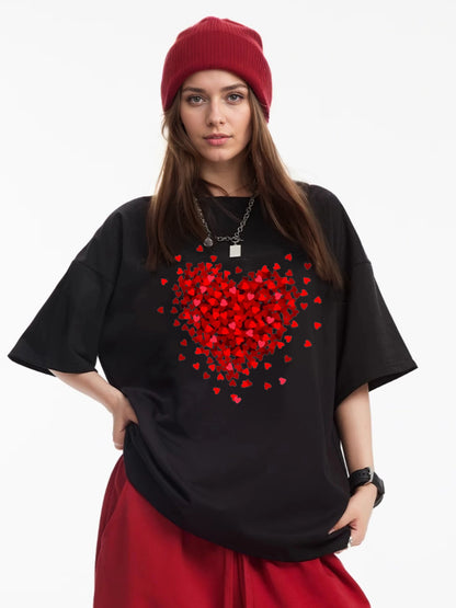 Women Red Heart Printed Casual Short Sleeve T-Shirt