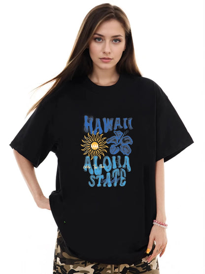 Women HAWAII ALOHA STATE Letter and Flower Print Casual T-Shirt