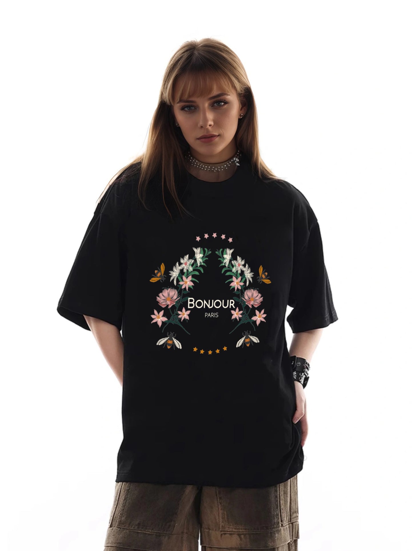 Women BOUJOUR and Flower Print Casual T-Shirt