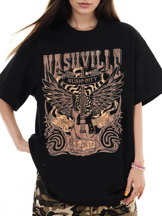 Women Music City Guitar Print Casual Short Sleeve T-Shirt