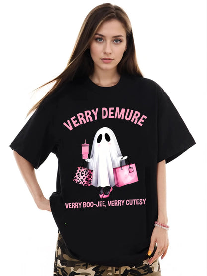 Women Shopping Ghost Cartoon Print Casual Short-Sleeved T-Shirt