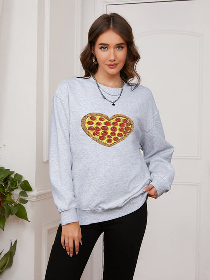 Women Pizza Lover Pizza Heart Print Casual Sweatshirt