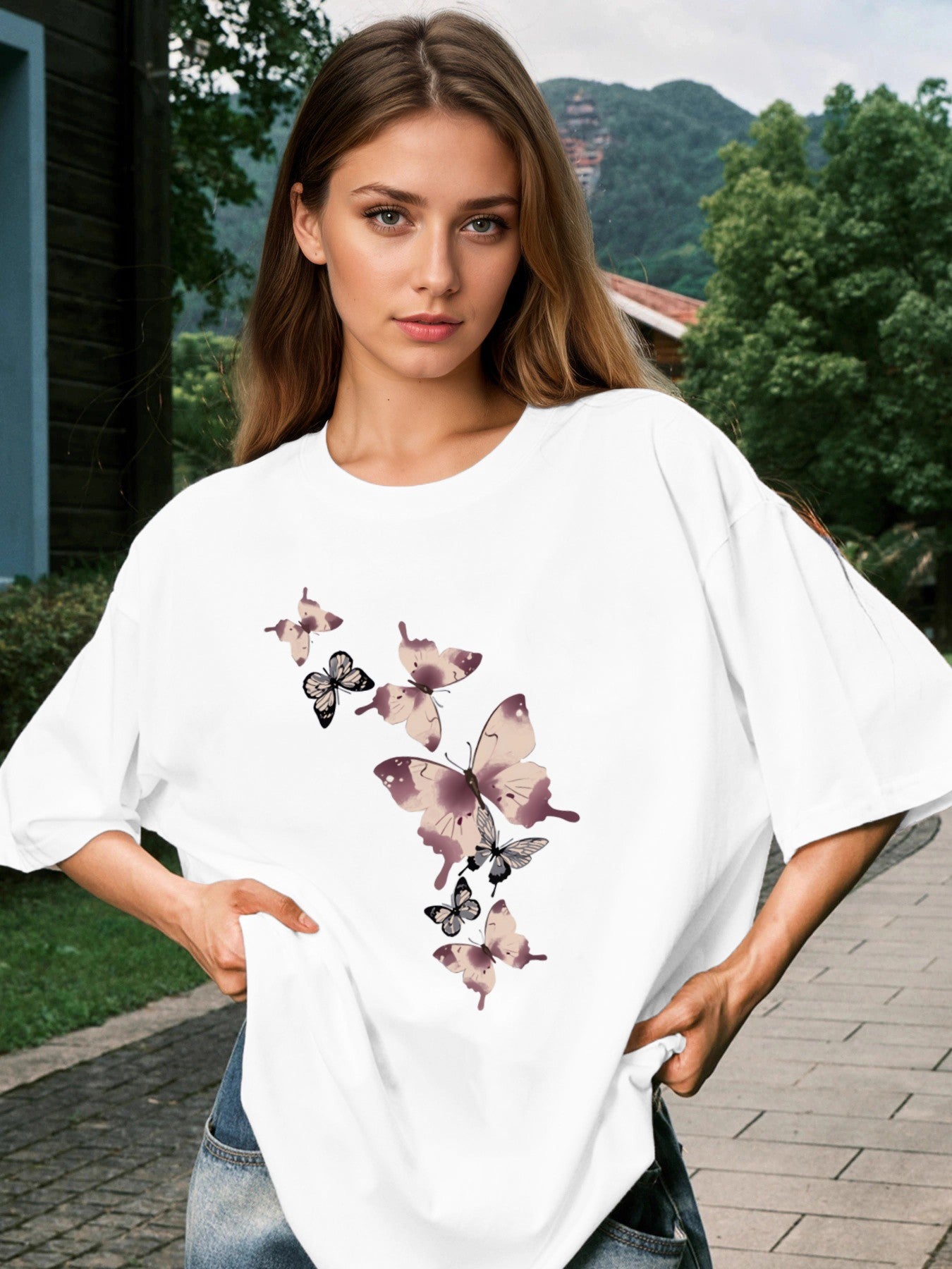 Women Butterfly Print Casual Short Sleeve T-Shirt