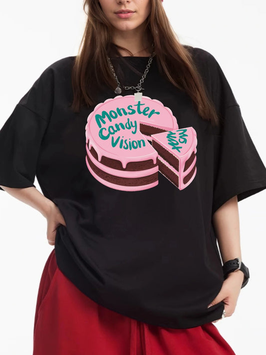 Women Monster Candy Pink Cake Print Casual T-Shirt