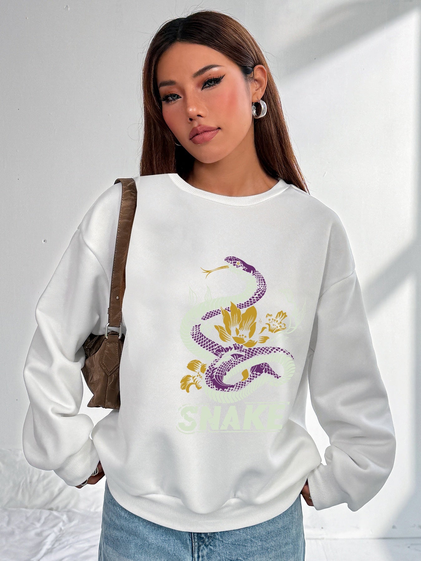 Women Snake Printed Long Sleeve Pullover Crew Neck Pullover