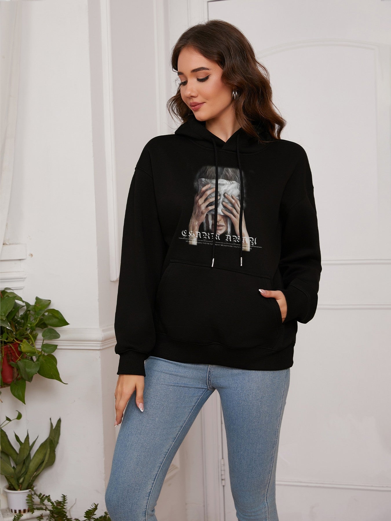 Women Face-Covering Portrait Print Casual Hooded Sweatshirt Hoodie