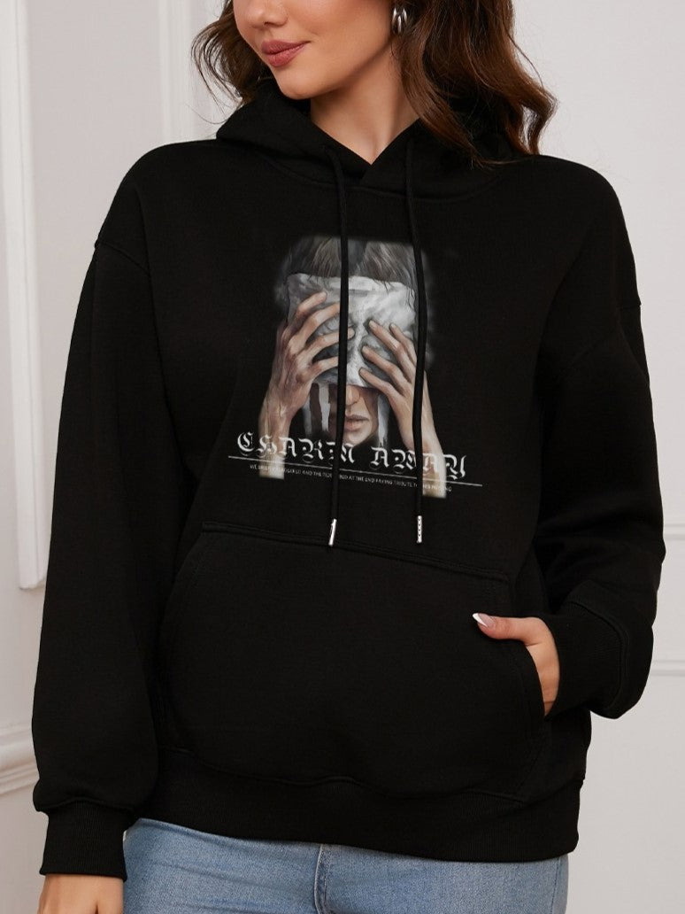 Women Face-Covering Portrait Print Casual Hooded Sweatshirt Hoodie