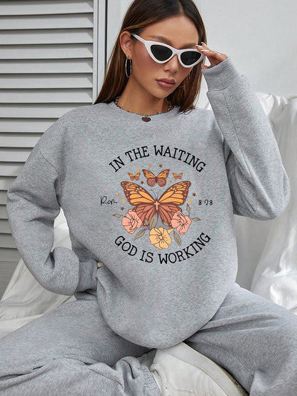 Women Flowers and Butterfly Print Casual Sweatshirt Crew Neck Pullover