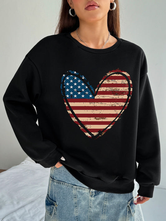 Women USA Flag Heart Printed Casual Sweatshirt