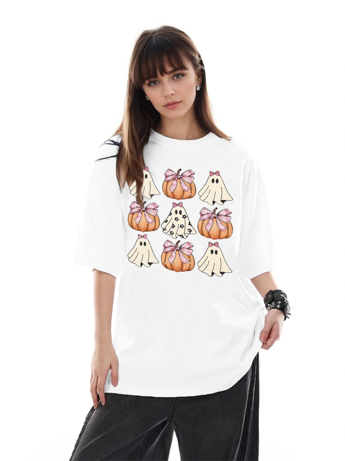 Women Cute Ghost and Pumpkin Print Casual T-Shirt