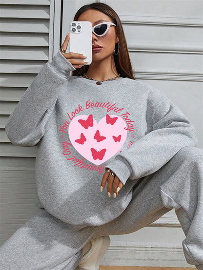 Women Heart Butterfly Print Casual Sweatshirt