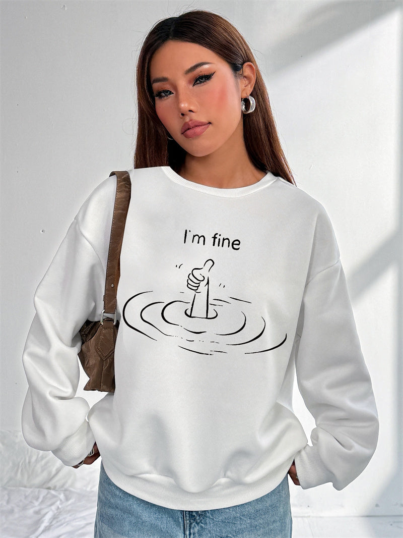 Women I'm Fine Printed Long Sleeve Crew Neck Casual Pullover