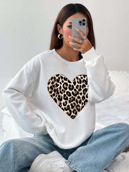 Women Leopard Heart Printed Pullover Crew Neck Sweatshirt