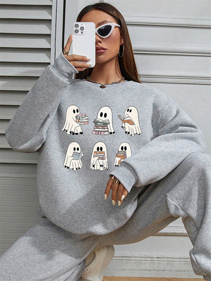 Women Cute Ghost Reading Print Casual Sweatshirt