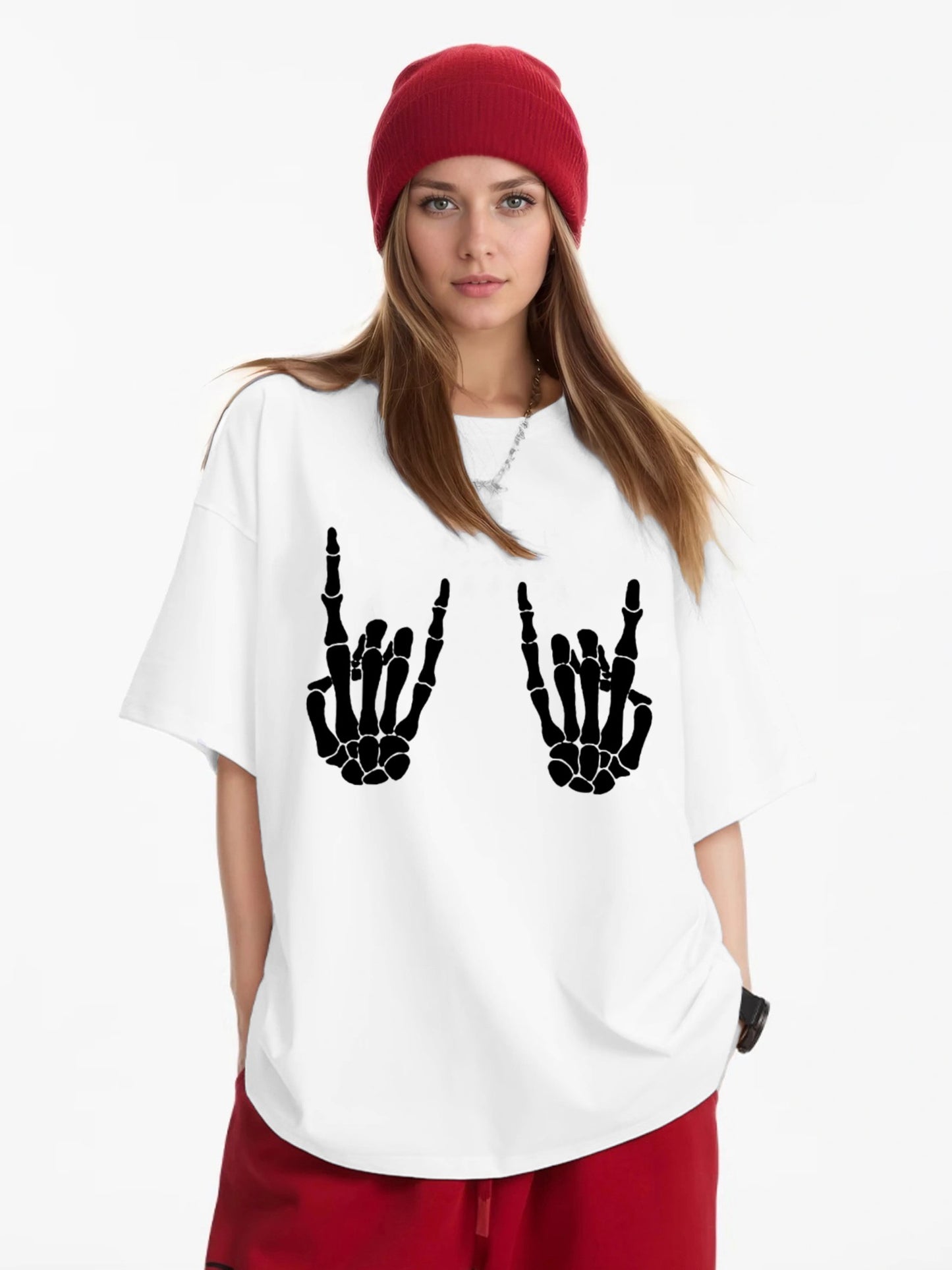 Women Skull Hand Printed Casual Short Sleeve T-Shirt