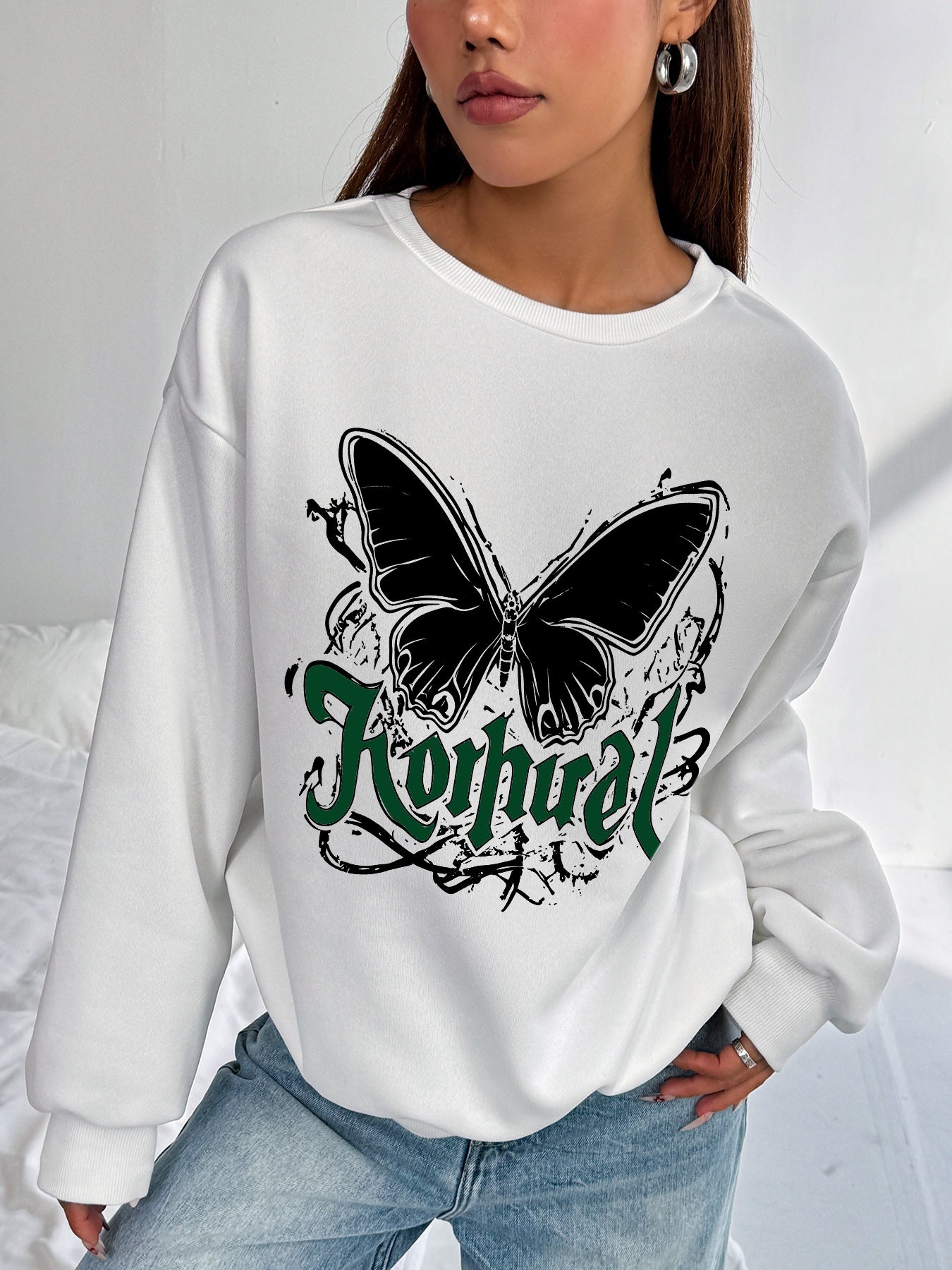 Women Butterfly Crew Neck Long Sleeve Polyester Pullover