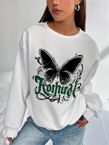 Women Butterfly Crew Neck Long Sleeve Polyester Pullover