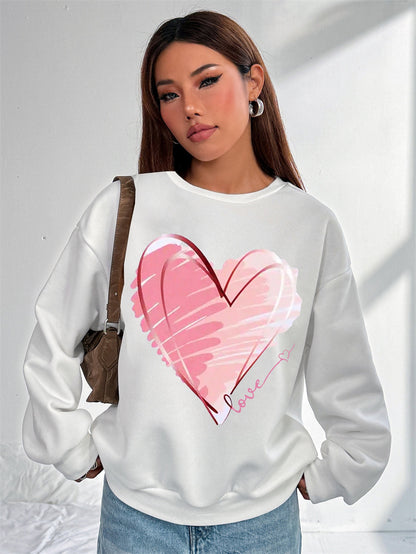 Women Pink Heart Printed Casual Sweatshirt