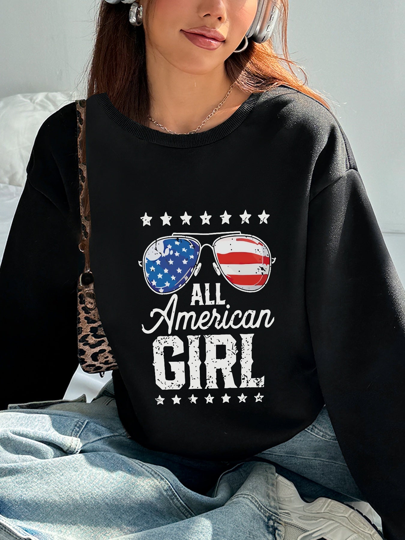 Women All American Girl and American Flag Sunglasses Print Casual Sweatshirt