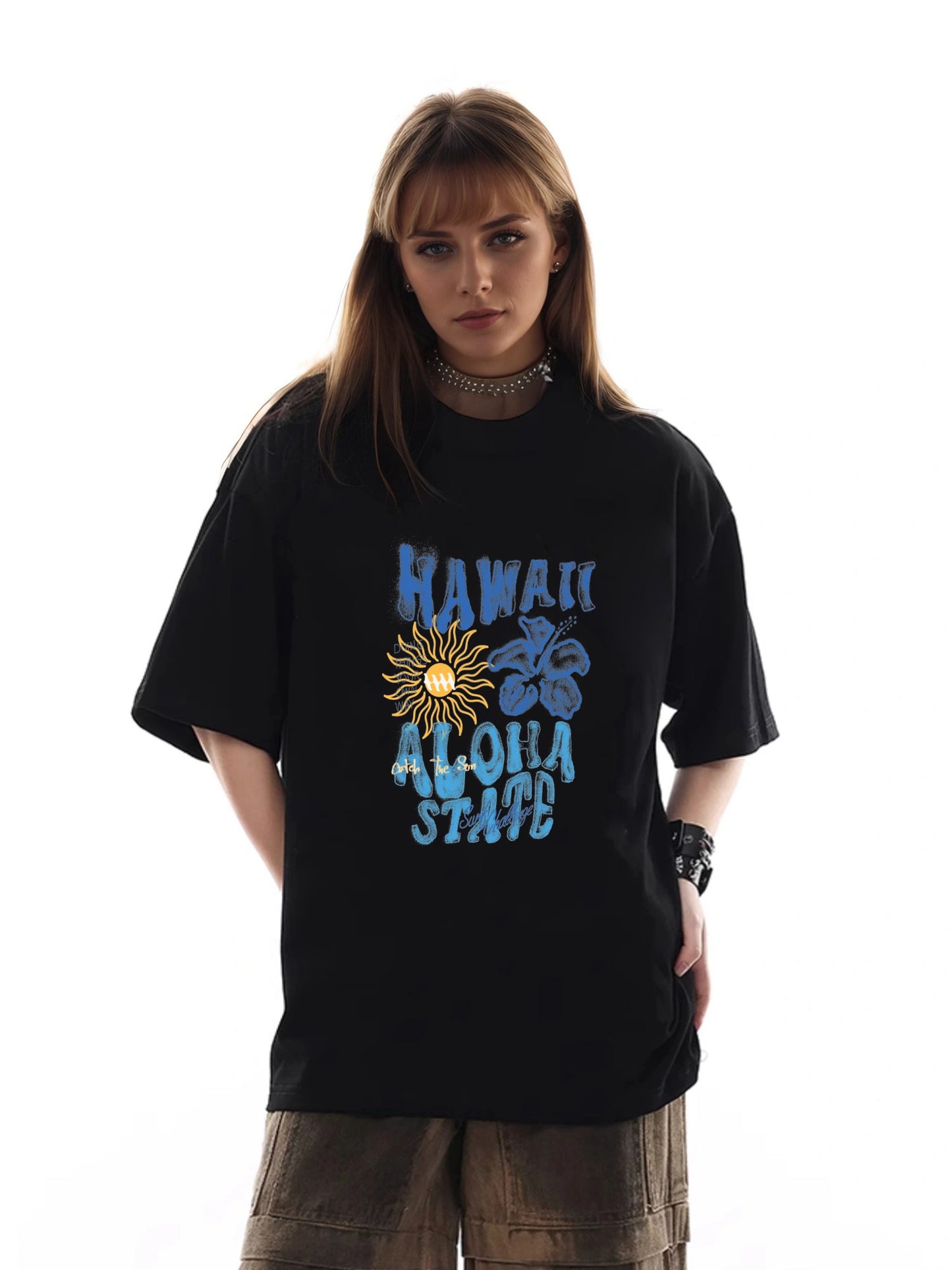 Women HAWAII ALOHA STATE Letter and Flower Print Casual T-Shirt