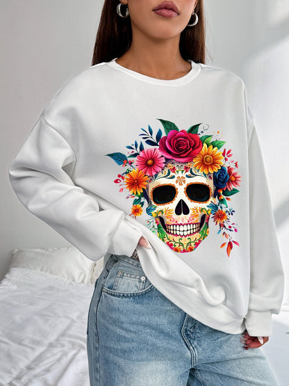 Women Skull and Flower Printed Crew Neck Casual Sweatshirt