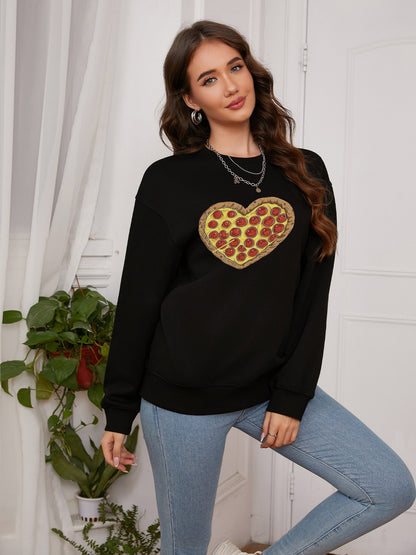 Women Pizza Lover Pizza Heart Print Casual Sweatshirt