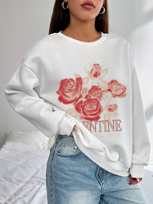 Women Valentine's Day Rose Print Casual Sweatshirt