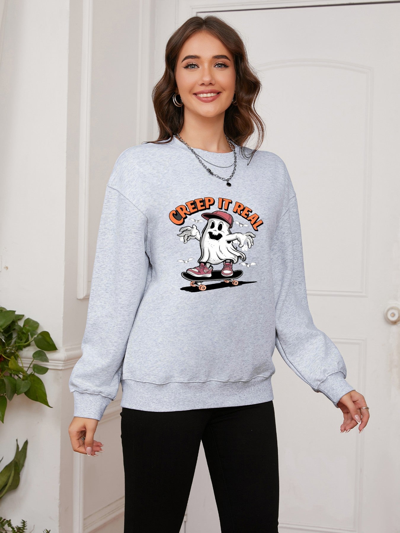 Women Ghost Skateboarding Print Casual Sweatshirt