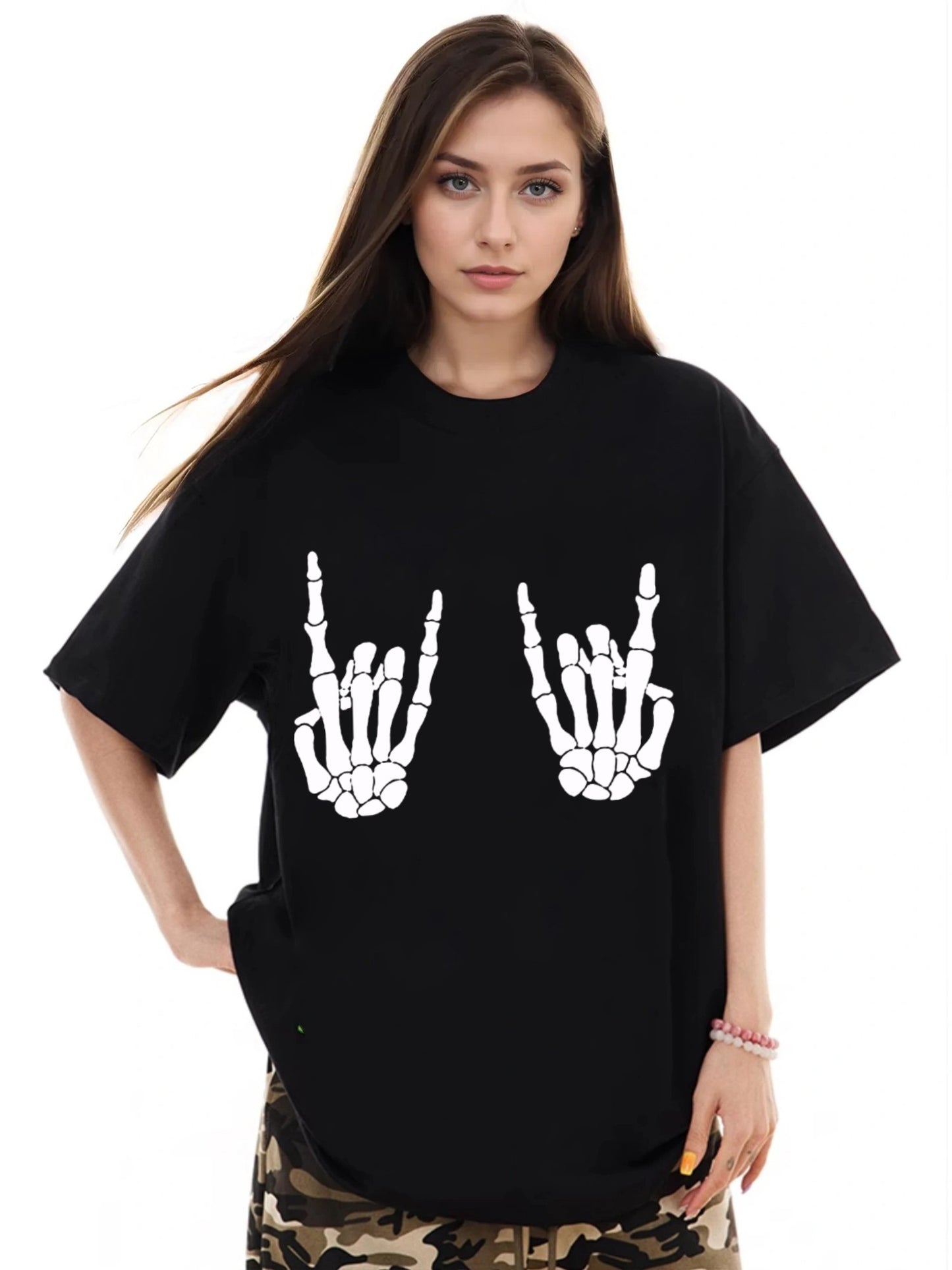 Women Skull Hand Printed Casual Short Sleeve T-Shirt