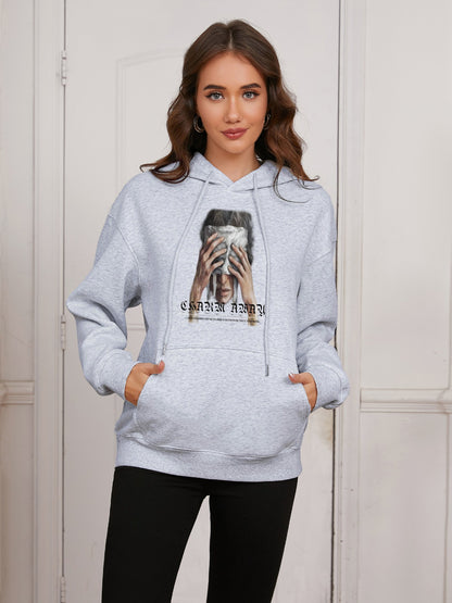 Women Face-Covering Portrait Print Casual Hooded Sweatshirt Hoodie