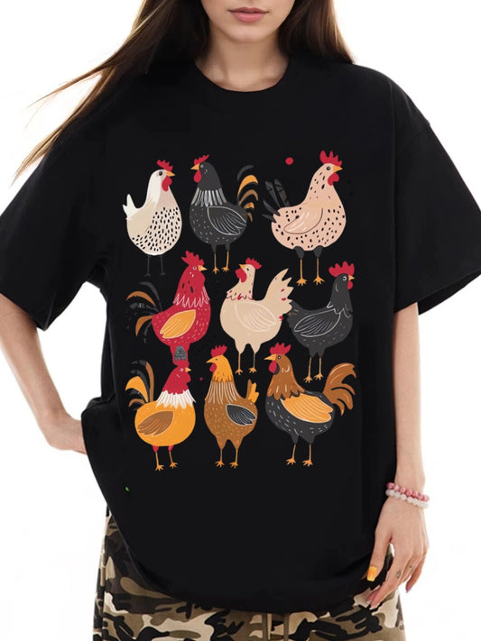 Women Nine Chickens Cartoon Printed Casual Short Sleeve T-Shirt