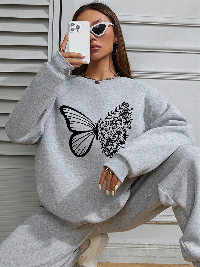 Women Butterfly Printed Oversized Sweatshirts Casual Pullovers