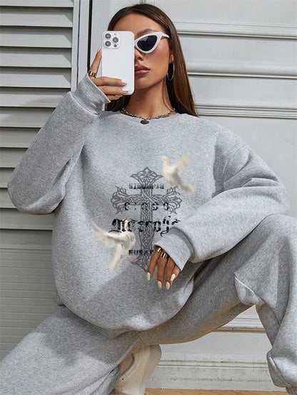 Women White Dove Cross Printed Crew Neck Pullover