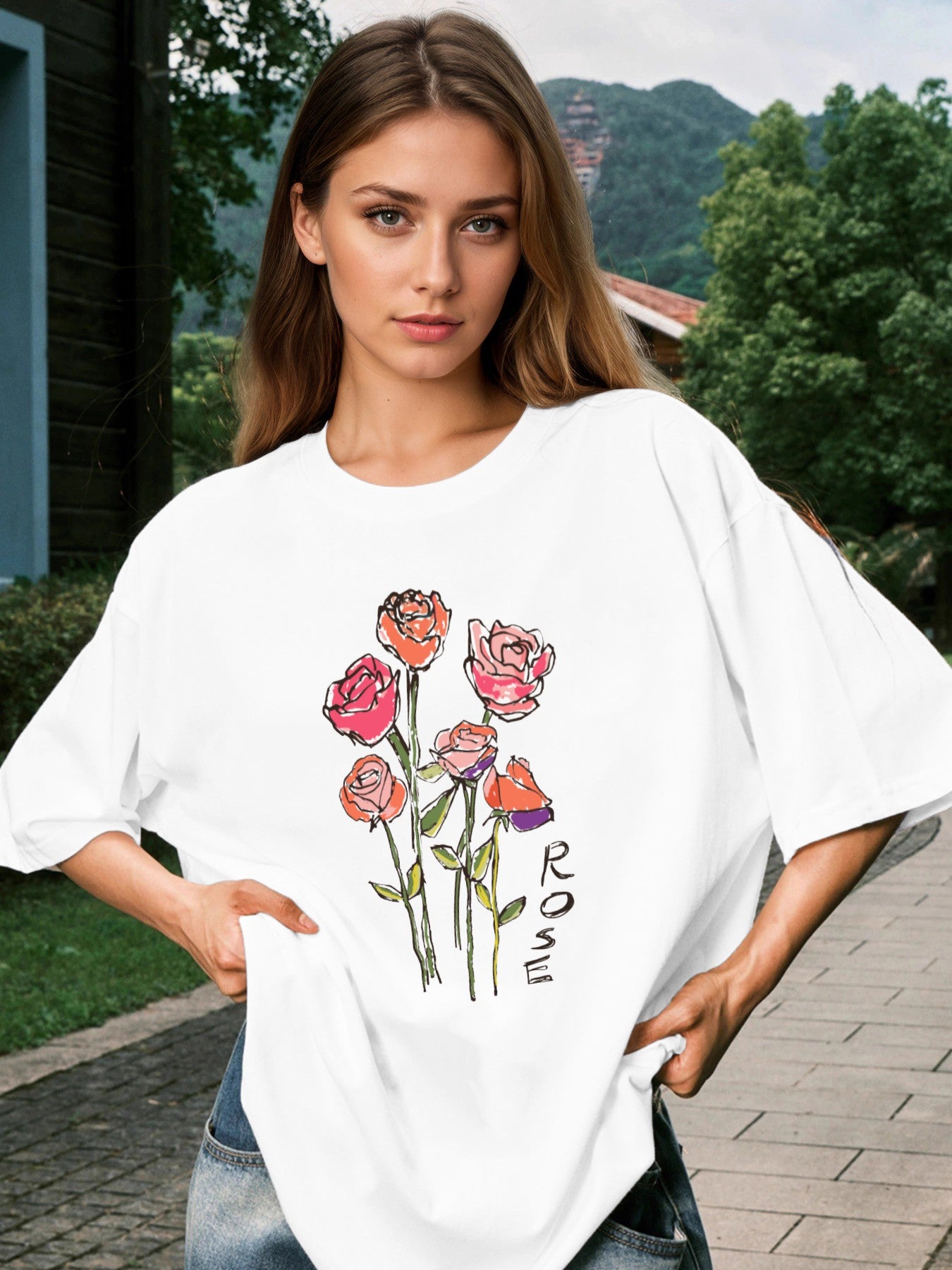 Women Rose Print Casual Regular T-Shirt